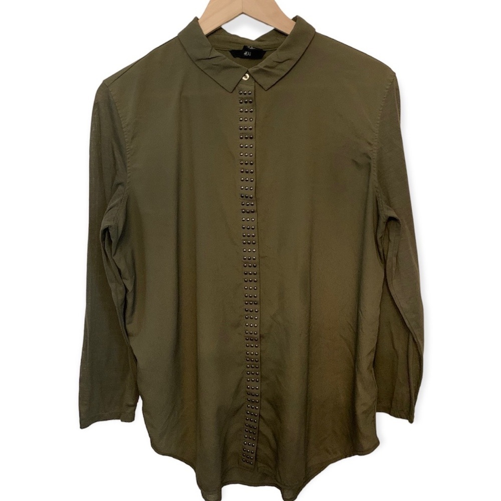 EUC H&M Silver Beaded Olive Green Blouse